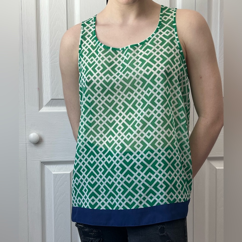 Charming Charlie Green and White Geometric Sleeveless Tank with Navy Trim